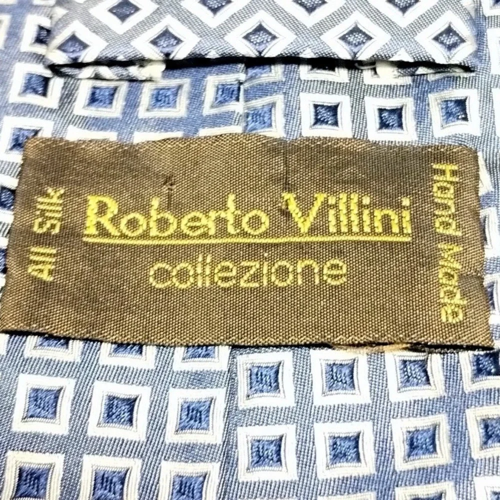 Roberto Villini Collezione Blue Silver Geometric Square Silk Hand Made Necktie